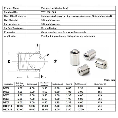 Diagram and specifications of 3x4mm Ball Plunger Set, 304 Stainless Steel Spring Loaded Ball Detent Plungers, 10N Elasticity, 20pcs