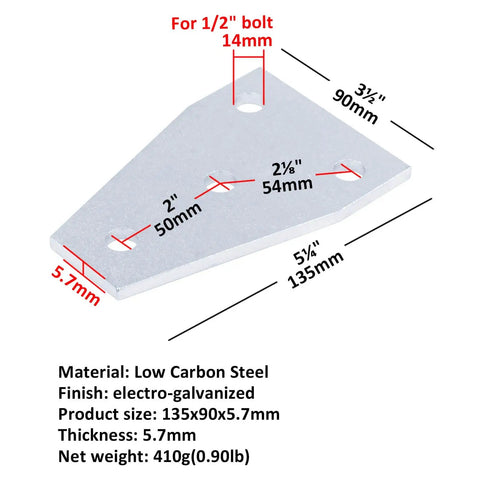 Flat Tee Plate Connector Bracket For One And Five Eighths Inch Strut Channel Four Hole Carbon Steel With Electro Galvanized Finish Five And A Quarter Inch Long Three And A Half Inch Wide Seven Thirty Seconds Inch Thick Nine Sixteenth Inch Hole Diameter dimensions and material details
