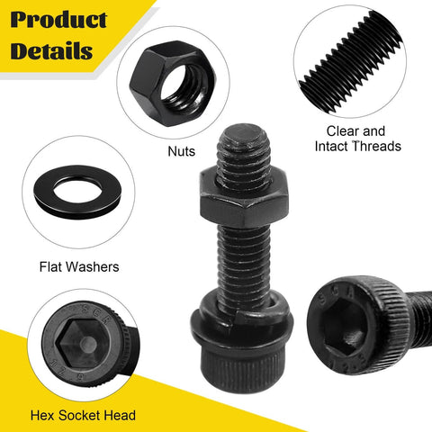 Close-up of 750PCS M3 Screws Assortment Kit featuring hex socket head, nuts, and washers, 12.9 alloy steel black zinc plated.