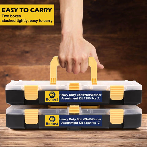Hand holding 1380pcs Nuts and Bolts Assortment Kit - Heavy Duty Grade 8.8 Metric M4 M5 M6 M8 bolt set in stackable carrying cases