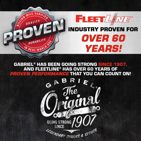 Brand graphic highlighting Gabriel and Fleetline's proven performance in shocks since 1907 over 60 years, durability emphasis.