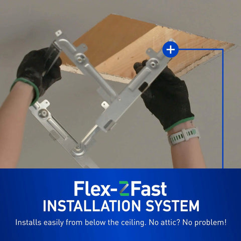 Installation of On-Demand Pick-A-Flow Ceiling Mount Exhaust Fan With 110 130 150 CFM in a ceiling opening.
