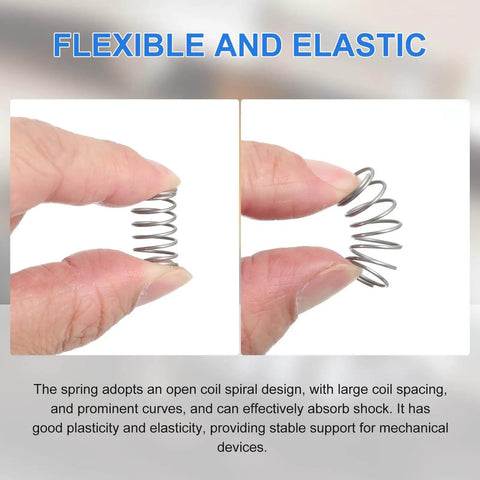 Two No Fuss 100mm Stainless Steel Compression Springs, 1.6mm Wire Diameter, 18mm Outer Diameter, held by hand with spiral design