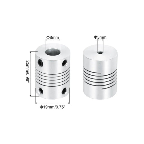 Flexible Aluminum Shaft Coupling 3mm To 8mm Bore 25mm Long 19mm Outer Diameter For Stepper Motors Encoders 3D Printers Silver