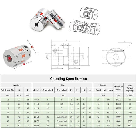 Specifications and diagrams of flexible coupler for 16mm Lead Ball Screw Kit SFU1610 With 350mm Travel for CNC applications