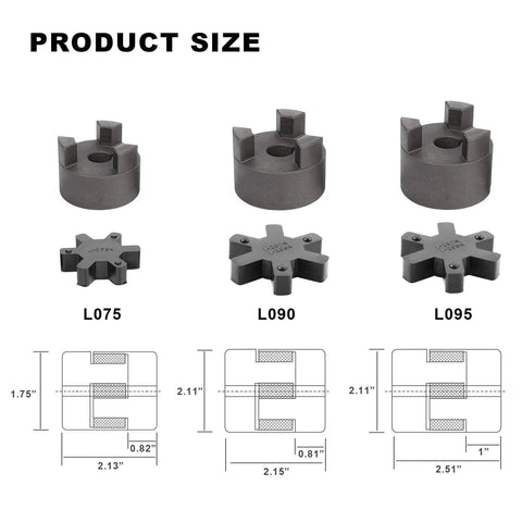 1/2" to 1" L075 Flexible 3-Piece L-Jaw Coupling Coupler Set & Buna-N NBR Rubber Spider for Log Wood Splitter sizes