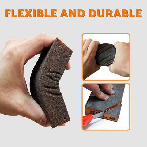 Hand flexes Four Pcs Aluminum Oxide Sanding Blocks Grit 60 80 120 220 for Wood Metal Drywall, showing flexibility and durability.