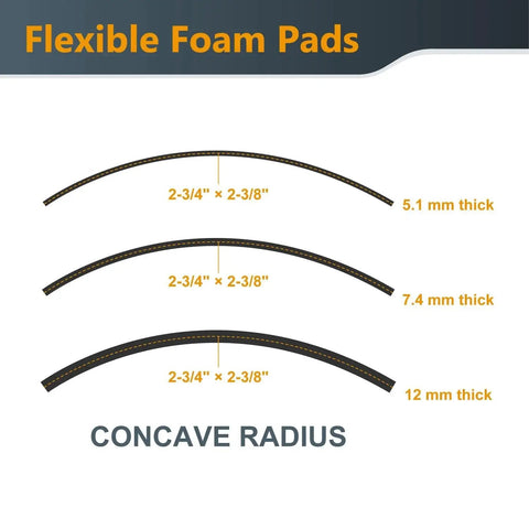 Diagram of flexible foam pads with varying thicknesses from the 9 Piece System Flexible Contour Sanding Set for concave surfaces.