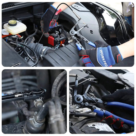 Flexible Hose Clamp Pliers 27 Inch Long Reach Automotive Clamp Removal Tool in engine bay, loosening radiator hoses.