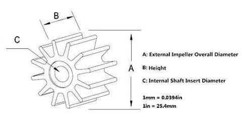 Diagram of a 6-blade flexible impeller with dimensions for 09-1026B 09-1026B-1 09-1026B-9 18-3080 water pumps.