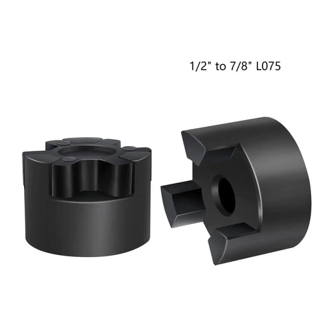 Flexible L-Jaw 3-Piece Rubber Spider Coupling 1/2 to 7/8 Inch with cast iron halves and NBR insert, side by side view.