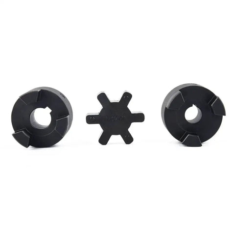 Flexible 3-Piece L075 L-Jaw Coupling Set With Buna-N NBR Rubber Spider, 1/2 To 5/8 Inch Bore, showing steel jaws and rubber insert.