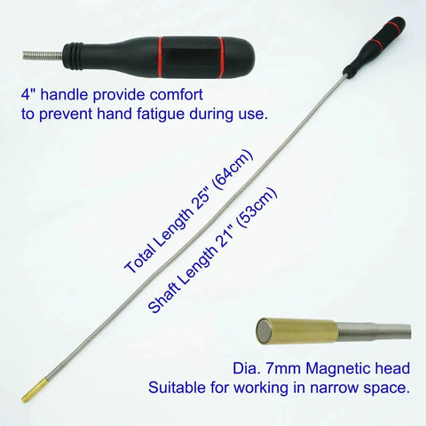 Flexible Magnetic Pickup Tool 25 Inch Bendable Magnetic Snake With 2 Pound Pull And Narrow 7mm Magnet Head, side view showing dimensions