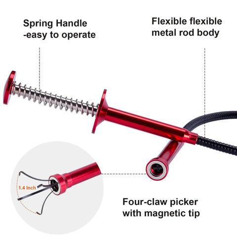 Bendable Flexible Magnetic Pickup Tool With Four Claws And A 24 Inch Reach showing spring handle and metal rod body