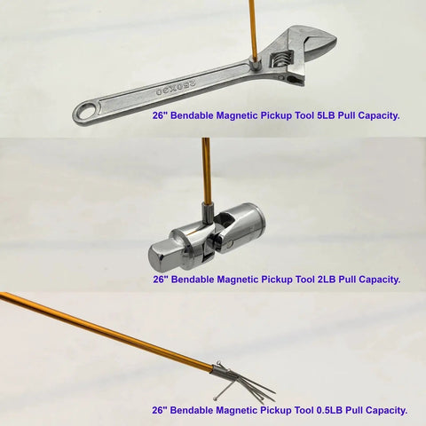 Flexible Magnetic Pickup Tool Set Three Pack With 26 Inch Bendable Extension And Three Magnet Sizes 4mm 7mm And 11mm shown in use.