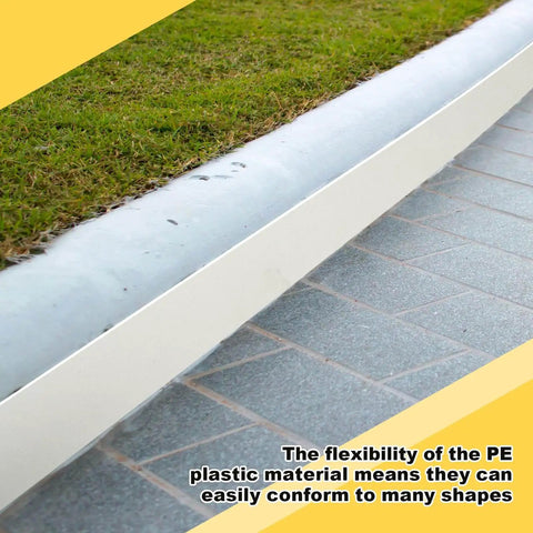 Five Piece Flexible Plastic Concrete Form Set for Walkways 4x76 Inches installed as curb edging on lawn and tiles