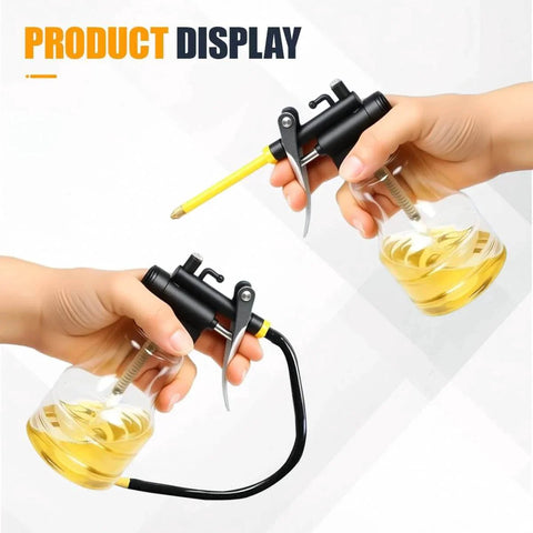 Two Pack High Pressure Oil Can Pump Oiler with flexible spout and rigid transparent bottle, shown with thumb pump for precise automotive lubrication.