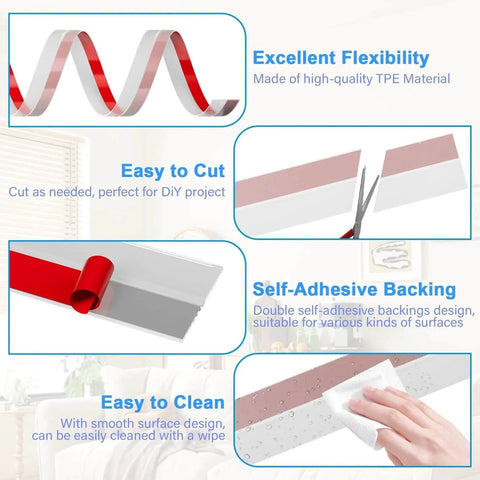 Door Weather Stripping Silicone Seal Strip Sealing Tape features and benefits, showcasing flexibility, easy cutting, self-adhesive backing, and cleaning ease.