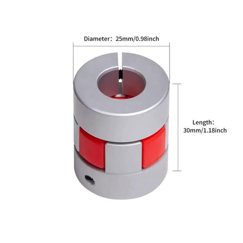 Flexible Shaft Coupling For 3D Printers And CNC Machines With Aluminum Alloy Body D25 L30 6-10mm Bore, shown in silver color with measurements.