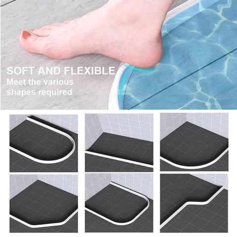 Collapsible Shower Threshold Water Dam, 39 In, Self Adhesive Shower Edge Water Barrier Stopper shown in flexible installation settings.