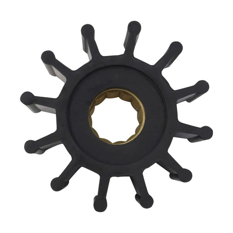Front view of 21951346 Flexible Water Pump Impeller kit Replaces Voolvo for Penta fits JABSCO 3862281 with 12 blades.