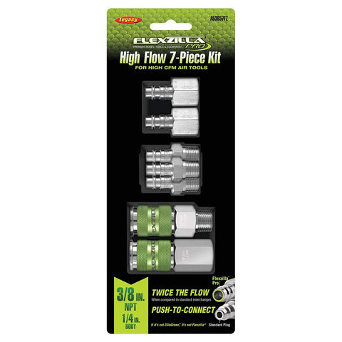 Flexzilla Pro High Flow 7-Piece Kit, 3/8 in NPT push-to-connect air couplers and plugs, green fittings
