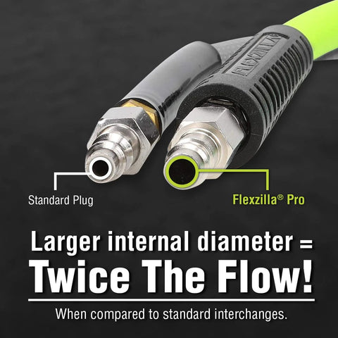 Close-up of Pro High Flow 7 Piece Coupler And Plug Kit For Air Tools With Push To Connect System Three Eighths Inch NPT and standard plug comparison.