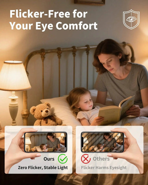 Mother reading to child in dimly lit room with flicker-free lamp, promoting eye comfort for Dimmable LED E12 Candelabra Bulbs For Chandeliers