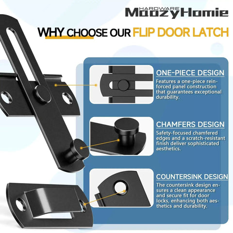 4 Inch Flip Gate Latch Set 180 Degree Barn Door Lock Latch heavy duty SUS304 stainless steel with black finish, design features detailed
