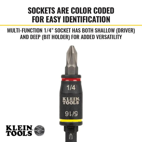 3-In-1 Flip Impact Socket Set for Quick Drive Size Swaps, No-Fuss 1/4 and 5/16 Hex Nut Drivers, shown with Klein Tools branding.
