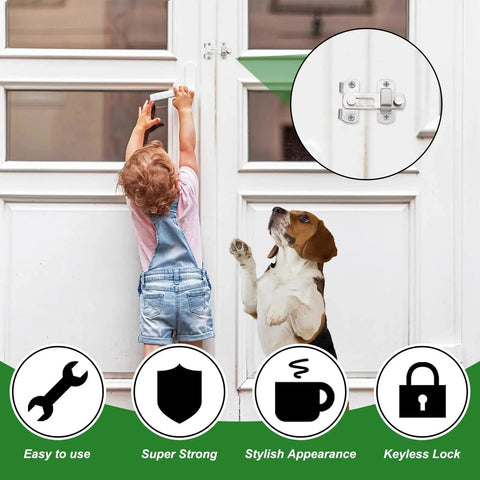 Child and dog next to door with 2 Pack Flip Latch Gate Latch Set 3 Inch Stainless Steel Flip Sliding Barn Door Lock installed
