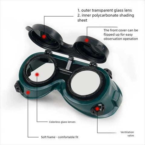 Detailed view of Flip Up Safety Goggles For Welding With Adjustable Fit Green Plastic Frame showing glass lens and shading sheet.