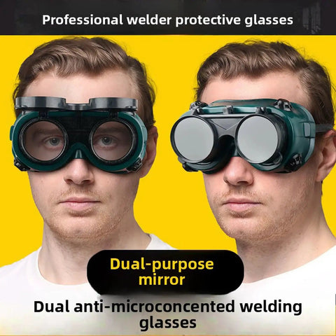 Front view of Flip Up Safety Goggles For Welding With Adjustable Fit Green Plastic Frame worn by a person