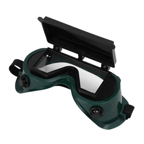 Flip Up Safety Goggles For Welding With Adjustable Fit Green Plastic Frame, open front view with clear lenses
