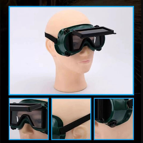 Flip Up Safety Goggles For Welding With Adjustable Fit Green Plastic Frame shown on mannequin head