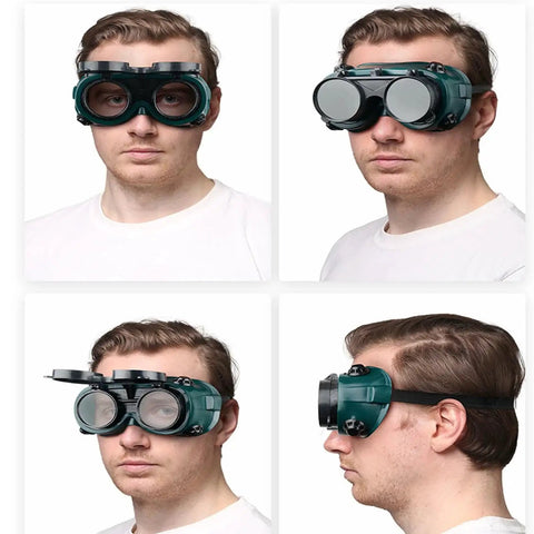 Flip Up Safety Goggles For Welding With Adjustable Fit Green Plastic Frame shown in front and side views