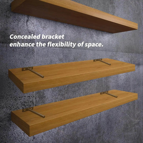 Floating Shelf Bracket Set 3-Inch Matte Black Steel Invisible Supports For DIY Shelving installed on wall with wooden shelves