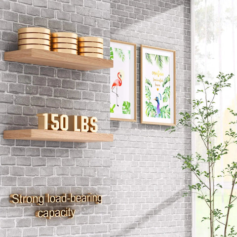 Beefy 8 Inch Floating Shelf Brackets Set for Hidden Support Blind Shelf Mounts for Floating Wood Shelves Includes Screws and Wall Plugs Black Steel Holds Up To 80 lbs installed on wall with decorative items.