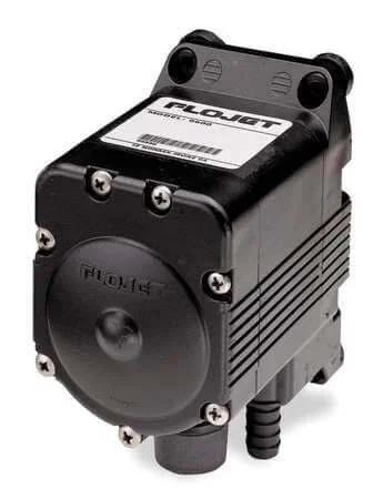 Flojet G57 Series air driven pump, black, Model G575215D, front angle view, featuring 1/4" air ports and 1/2" liquid ports.