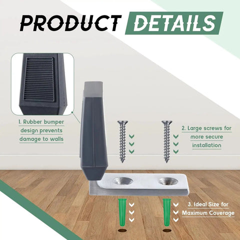 Two Pack Floor Door Stop Angle Door Stopper Heavy Duty Base For Doors With Up To Two Inch Gap Fits Wood And Concrete Floors Grey With Rubber Bumper And Stainless Steel Screws Includes Mounting Accessories, showing product details with rubber bumper and screws.