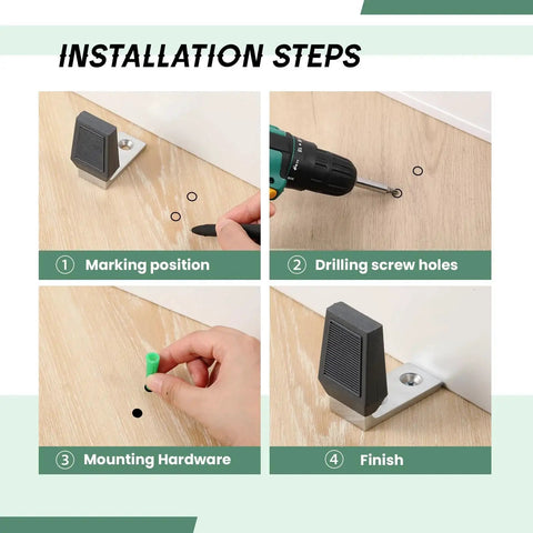 Two Pack Floor Door Stop Angle Door Stopper Heavy Duty Base For Doors With Up To Two Inch Gap Fits Wood And Concrete Floors Grey With Rubber Bumper And Stainless Steel Screws Includes Mounting Accessories installation steps