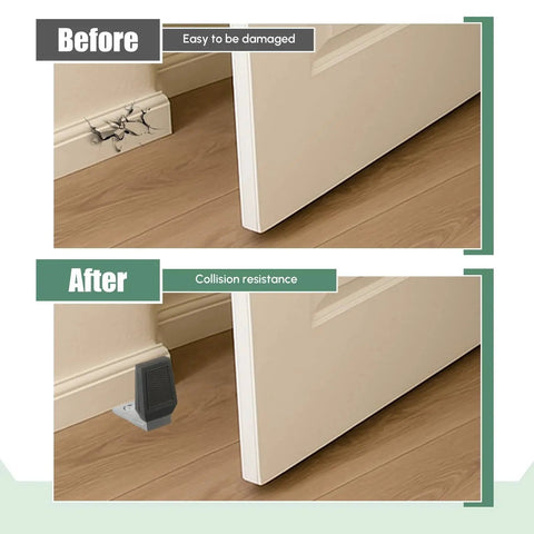 Two Pack Floor Door Stop Angle Door Stopper Heavy Duty Base For Doors With Up To Two Inch Gap Fits Wood And Concrete Floors Grey With Rubber Bumper And Stainless Steel Screws Includes Mounting Accessories showing before and after usage.
