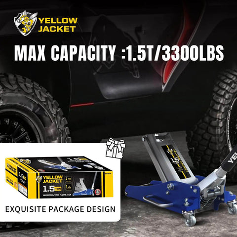 1.5 Ton Low Profile Floor Jack With Quick Lift Dual Pump For Cars And SUVs, 3300 Lb Capacity next to tire and packaging