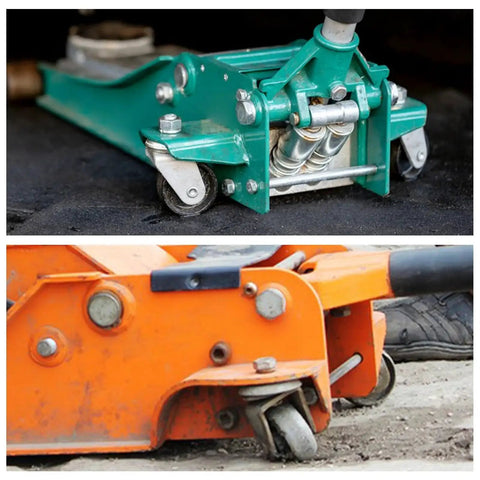 Heavy Duty 3 Ton Floor Jack Caster Wheels Cast Iron Replacement Parts Pack Of 2 With 16mm Stem Universal Fit For Most Floor Jacks With 16mm Holes And Above, Compatible With ATD Cornwell Mac Tools Matco Mountain Napa Sunex And More installed on green and orange floor jacks