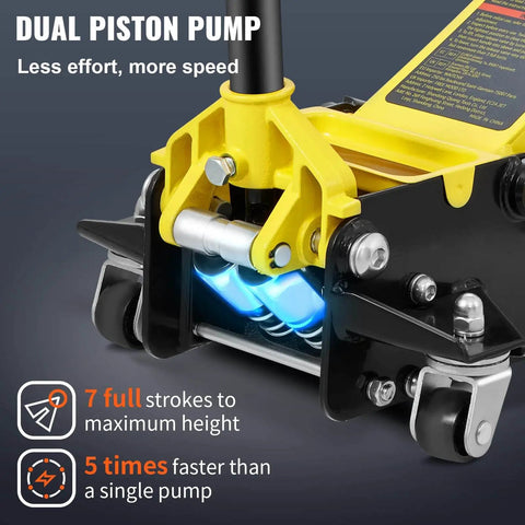 Close-up of a dual piston pump on a yellow-black Three Ton Low Profile Floor Jack With Dual Pistons Quick Lift Pump Heavy Duty Steel Racing Jack For Cars Great For Tire Changes Oil Services And Maintenance DIYers Lifting Range From Three Point Three Five To Nineteen Point Sixty Nine Inches, showing casters.