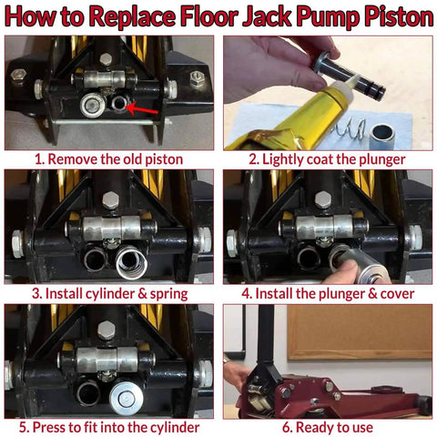 Step-by-step guide to replace floor jack pump piston with 3 Ton Floor Jack Replacement Parts Kit for Dual Pump Hydraulic Jacks.