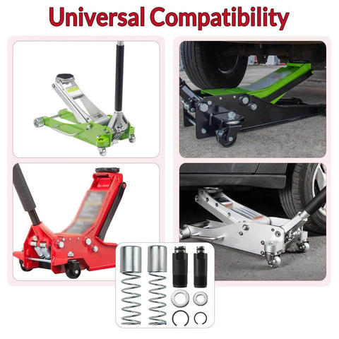 3 Ton Floor Jack Replacement Parts Kit For Dual Pump Hydraulic Jacks Including Horizontal Double Pump Piston Plunger Washers And Retaining Ring Restore Full Power And Smooth Lifts, various floor jacks and parts shown.