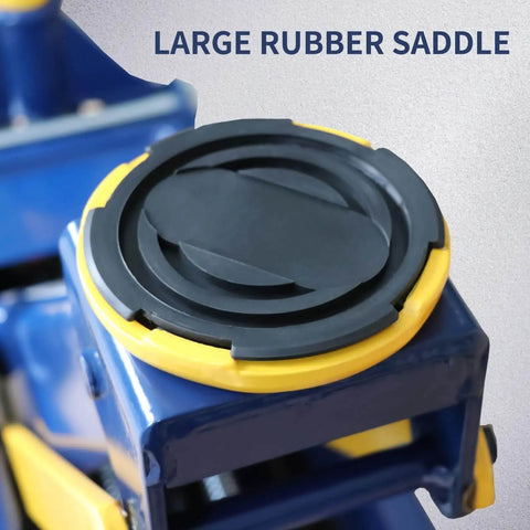 Close-up of Heavy Duty 3 Ton Floor Jack With Low Profile Design showing large rubber saddle for stability and protection.
