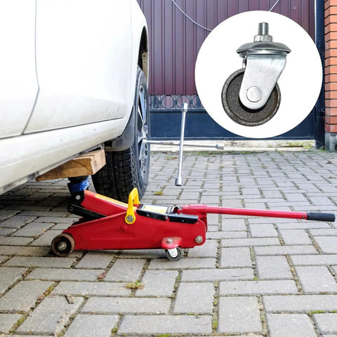 2 Pcs 3 Ton Floor Jack Replacement Caster Wheels Set With Double Pump Swivel Casters in use lifting a car