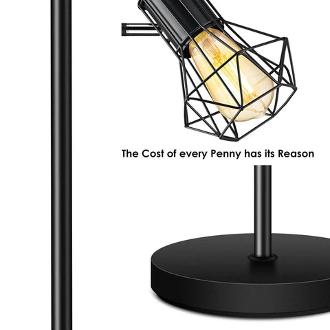 Close-up of Industrial Floor Lamp With 3 Adjustable Cage Heads And Independent Control Black Standing Lamp base and cage head.